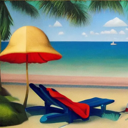 Image similar to a dream-vacation in the tropical beach by Raphael, Hopper, and Rene Magritte. detailed, romantic, enchanting, trending on artstation.