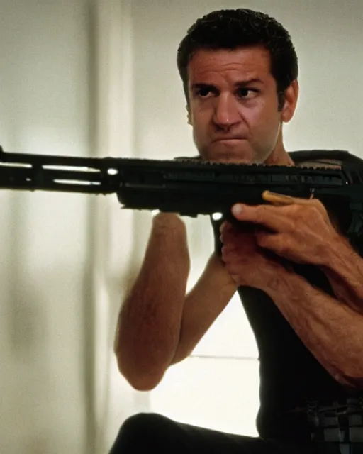 Image similar to film still of joe biden holding an ar 1 5 in scarface, 8 k, raw