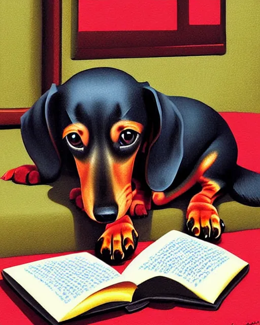 Image similar to dachshund reading a book, painting, super detailed and intricate, hyper realistic, by koson ohara, by darwyn cooke, by hiroshi yoshida, by kentaro miura