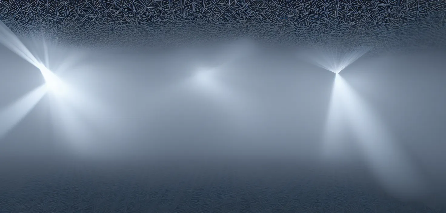 Image similar to light beams as structural space forming a mystical megastructure - in a harmonic sacred geometry pattern, by jack oliva - rendler, by gaudi, photorealistic, god rays, octane render, depth of field, deep volumetric light, deep volumetric fog, volumetric fog space, apex of creation, realistic render