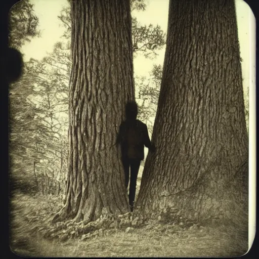 Prompt: Polaroid photo of a tall bipedal creature peering out from behind a tree