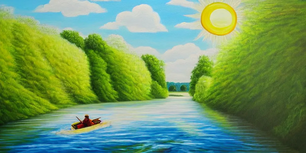 Image similar to A very detailed painting featuring a river in Europe surrounded by trees and fields. A rubber dinghy is slowly moving through the water. Sun is shining. minimalist painting