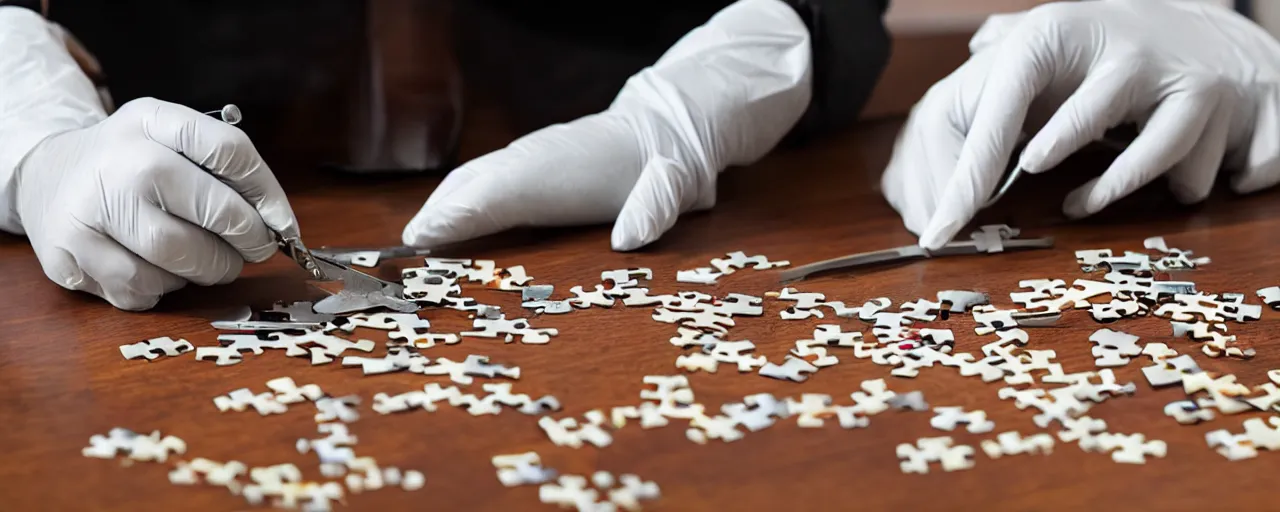 Image similar to a surgeon using a scalpel on a jigsaw puzzle on a table