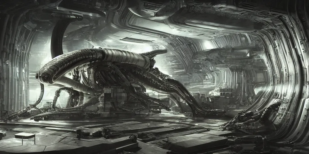 Image similar to prometheus movie, alien structures, industrial maintenance shuttle vehicle, sci - fi interior, technology, by h. r. giger, concept artwork 8 k render octane high definition