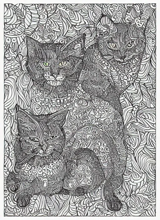 Prompt: cats deepdream, colouring page, centered