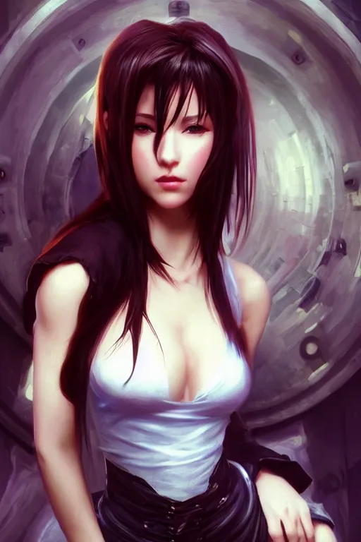 Image similar to beautiful, tifa style, final fantsy, digital painting, portrait , cinematic lighting, highly detailed, artstation, concept art, illustration, smooth, sharp focus, editor's pickup, trending on artstation, trending on deviantart, alphonse mucha, WLOP