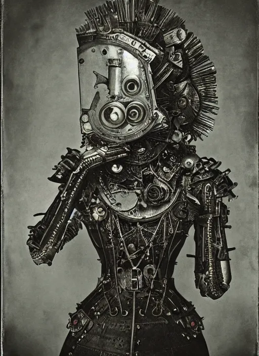 Image similar to old wetplate daguerreotype portrait of a futuristic silver armored headless marie antoinette cyborg, fractal, intricate, elegant, highly detailed, parallax, leica, medium format, subsurface scattering, by jheronimus bosch and greg rutkowski and louis jacques mande daguerre