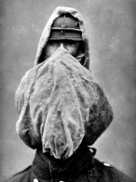 Prompt: portrait of man with extreme cold weather mask, ww1 photo, grainy, high detail, high resolution,