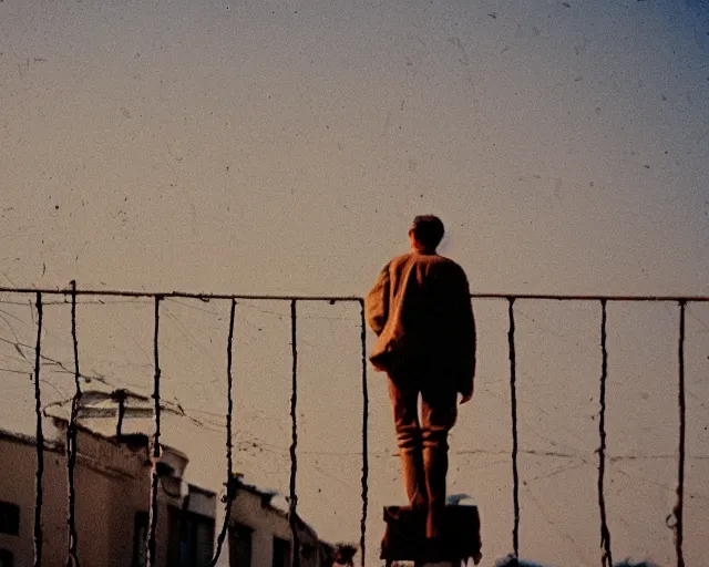 Image similar to lomo photo of man standing on the roof of soviet hrushevka, small town, cinestill, bokeh, out of focus