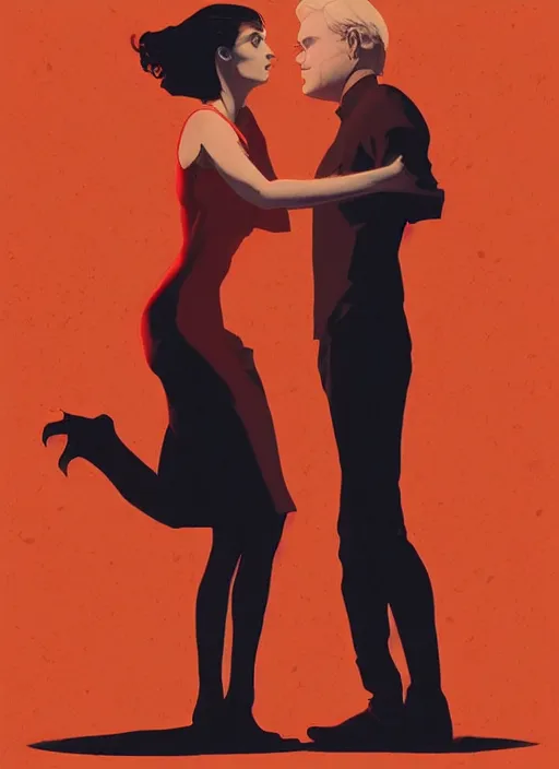 Image similar to poster artwork by Michael Whelan and Tomer Hanuka, Karol Bak of Naomi Watts & Philip Seymour Hoffman falling in love, from scene from Twin Peaks, clean, simple illustration, nostalgic, domestic, full of details