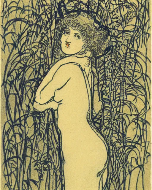 Image similar to beautiful woman by henri privat - livemont, delicate risograph