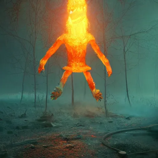 Prompt: fire monster art by Mike Winkelmann, power auras, sigils, tattered cloth robes, substance 3d painter, PBR textures, Physical based rendering, cinematic, hyper realism, high detail, octane render, unreal engine, 8k, Vibrant colors, Smooth gradients, High contrast, depth of field, aperture