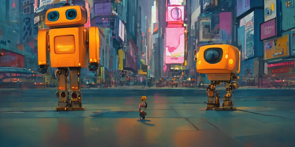 Image similar to cute cartoon robot in Times Square at night by Goro Fujita and Simon Stalenhag , 8k, trending on artstation, hyper detailed, cinematic