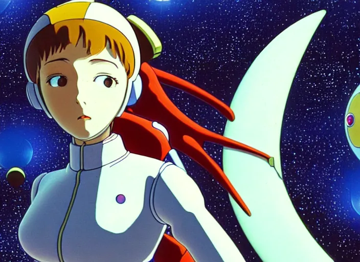 Prompt: anime fine details portrait of joyful girl space pilot in posing in spaceship station planet captain bridge outer worlds robots extraterrestrial hyper contrast well drawn in Jean Henri Gaston Giraud animation film The Masters of Time FANTASTIC PLANET bokeh, close-up, anime masterpiece by Studio Ghibli. 8k, sharp high quality classic anime from 1990 in style of Hayao Miyazaki