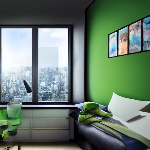 Prompt: small room in tokyo, window open, dawn, computer, green glow on monitor's face, walls anime posters, lots of appliances, small bed not made, hyper realism, photo realism, hyper details, soft light, soft shadows, oil painted, blurred photo