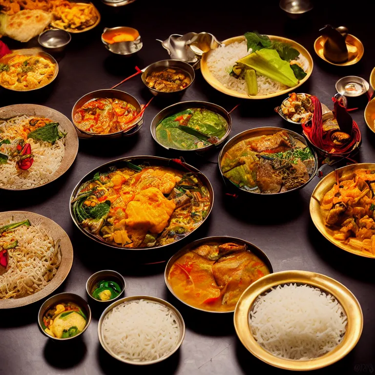 Prompt: close - up focused dslr photograph of an bhutanese dinner, 8 k, high detail, volumetric lighting, hyperrealism, aesthetically pleasing, studio lighting, trending