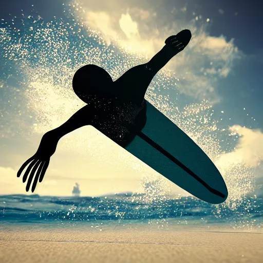 Prompt: skeleton riding a surfboard over a wave, digital art, 4k, high detail, octane render, cinematic lighting, HD