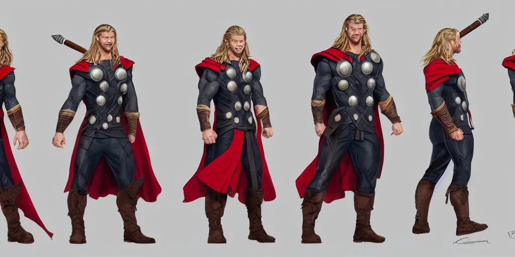 Image similar to cartoonish chris hemsworth as thor kissing his hammer and dancing, character sheet, fine details, concept design, contrast, kim jung gi, greg rutkowski, trending on artstation, 8 k, full body, turnaround, front view, back view, ultra wide angle