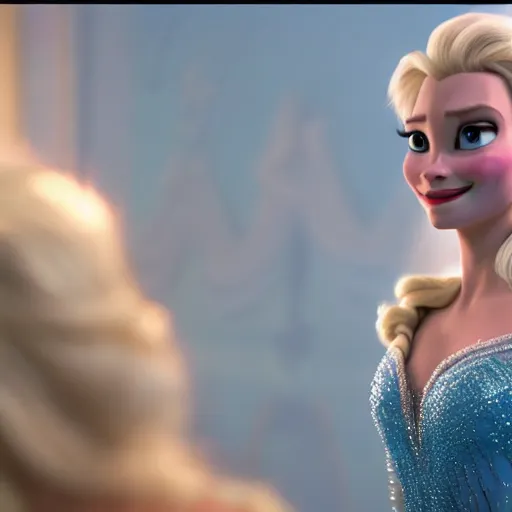 Image similar to Margot Robbie as Elsa in disney frozen live action, 8k full HD photo, cinematic lighting, anatomically correct, oscar award winning, action filled, correct eye placement,