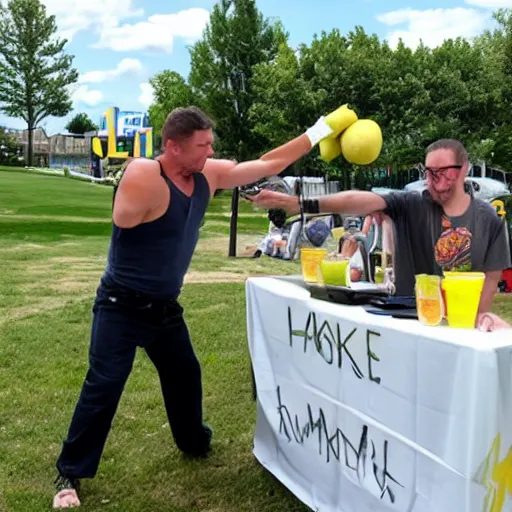 Image similar to a man roundhouse kicks a lemonade stand