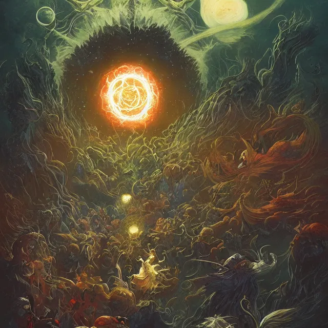 Prompt: a circle of druids conjuring the cosmos into existence by greg rutkowski and frank frazetta and peter mohrbacher and william blake and dan mumford