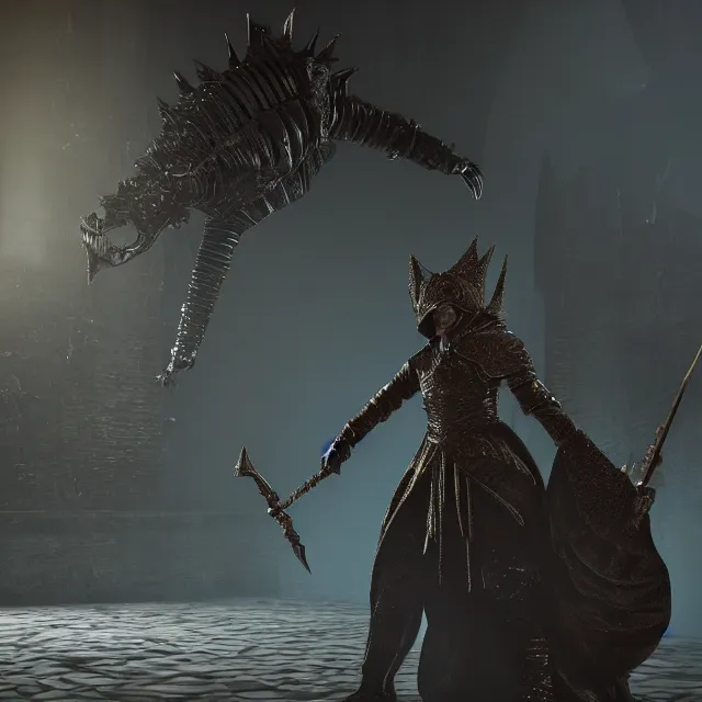 Image similar to queen elizabeth reimagined as a boss in dark souls, dark cinematic, volumetric, realistic, 3 d render, cinematic lighting, ray tracing, cinematic, unreal engine 5, unreal engine render, octane render, hyper realistic, photo, 8 k