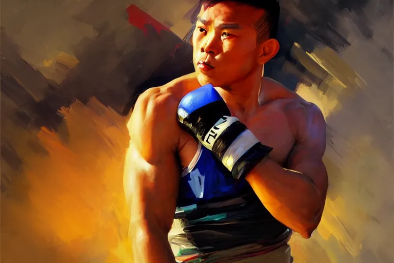 Image similar to greg manchess portrait of a filipino mma fighter sword dash, sunny day, matte painting, bold shapes, hard edges, street art, trending on artstation, by huang guangjian, gil elvgren, ruan jia, randy vargas, greg rutkowski