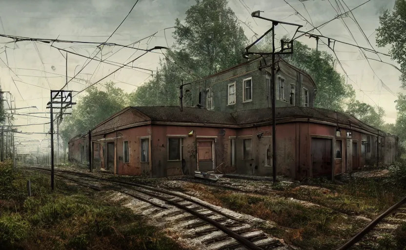 Prompt: An abandoned train station by Simon Stalenhag, hyperrealism art, cinematic lighting, overgrown swedish urban landscape, 8k resolution, trending on artstation