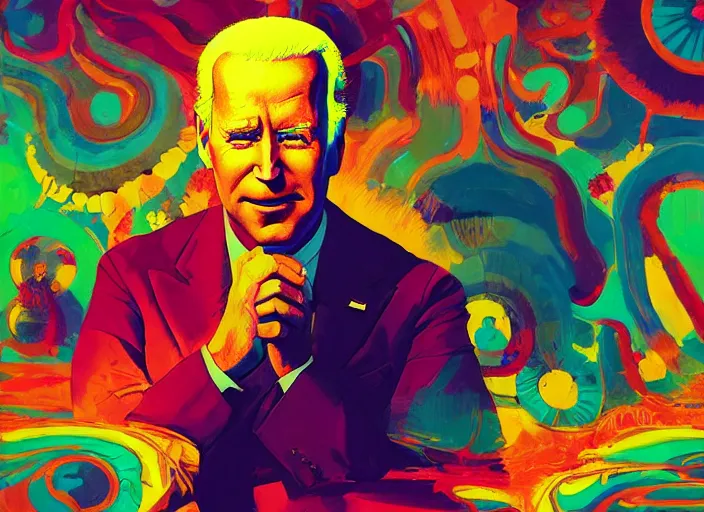 Prompt: A psychedelic portrait of immensely obese joe biden, vibrant color scheme, highly detailed, in the style of romanticism, cinematic, artstation, Moebius, Greg rutkowski