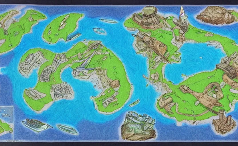 Prompt: futuristic island map, drawn with crayons, detailed