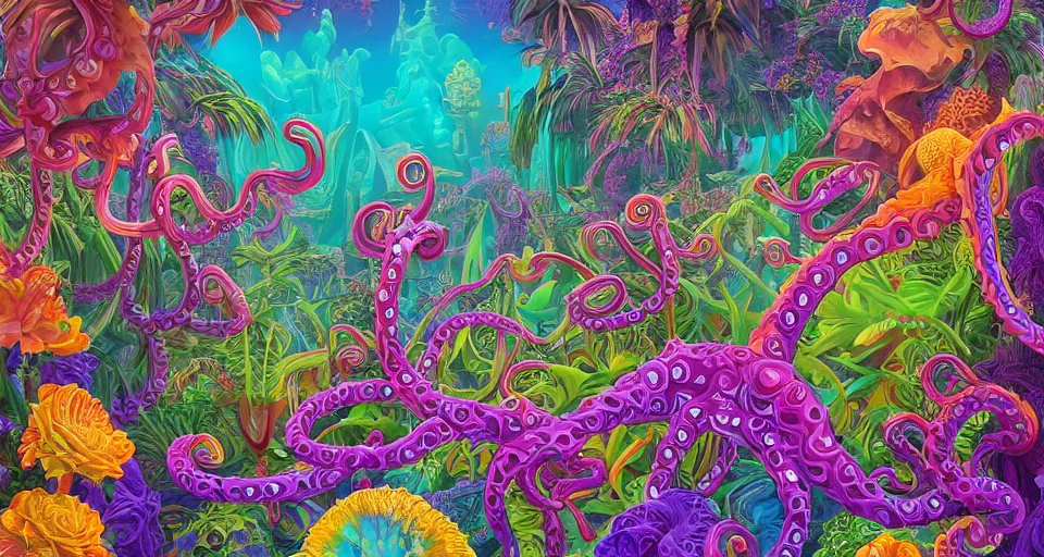 Prompt: psychedelic 3d vector art illustration of garden full of exotic flowers and octapus tentacles by Lisa frank, Beeple and Tim Hildebrandt, hyper realism, art deco, intricate, elegant, highly detailed, unreal engine, octane render, artstation, smooth, sharp focus
