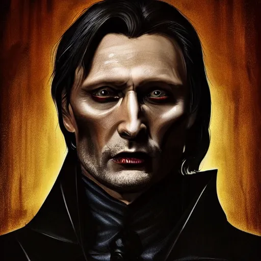 Image similar to mads mikkelsen as a vampire, male, late - 4 0 s aged, shoulder length, slicked black hair, red eyes, clean shaven, wearing a cape, regal, royal, grim facial expression, high medieval fantasy, full color digital art, cinematic shot, full body shot.