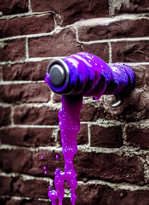 Prompt: intricate faucet with purple slime coming out of it, attached to a brick wall, the slime is oozing on the ground next to the faucet. Very detailed 8k. Fantasy cyberpunk. Sharp. Cinematic post-processing