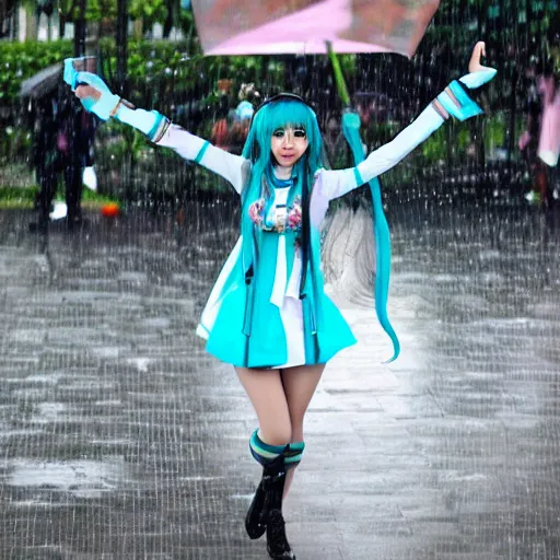 Image similar to Hatsune Miku performing while raining at plaza de bolivar in armenia quindio