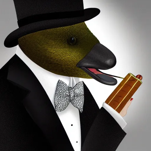 Image similar to a portrait of a platypus wearing a black suit, smoking a cigar, gorgeous, intricate, elegant, volumetric lighting, scenery, high detail digital art, smooth, picaso, illustration, concept art