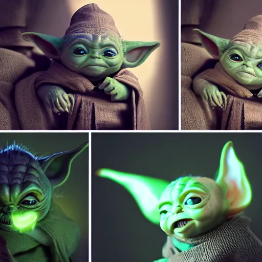 Image similar to full body pose, hyperrealistic photograph of baby yoda dressed as a wizard, dim volumetric lighting, 8 k, octane beautifully detailed render, extremely hyper detailed, intricate, epic composition, cinematic lighting, masterpiece, trending on artstation, very very detailed, stunning, hdr, smooth, sharp focus, high resolution, award, winning photo, dslr, 5 0 mm