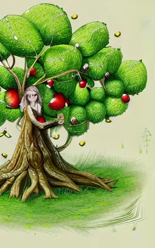 Prompt: yggdrasil tree of world and very very very very beautiful elf girl collecting berries on grass under the tree, illustration, photo realism, nordic folk