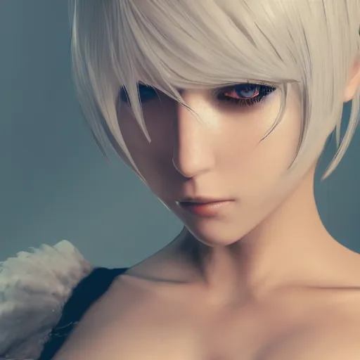 Image similar to 2B Nier automata, portrait, 4k, realistic, unreal engine render, trending in artstation, artstationHD, artstationHQ