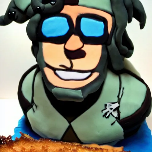 Prompt: solid snake stuffing down a cake in the style of gonzossm