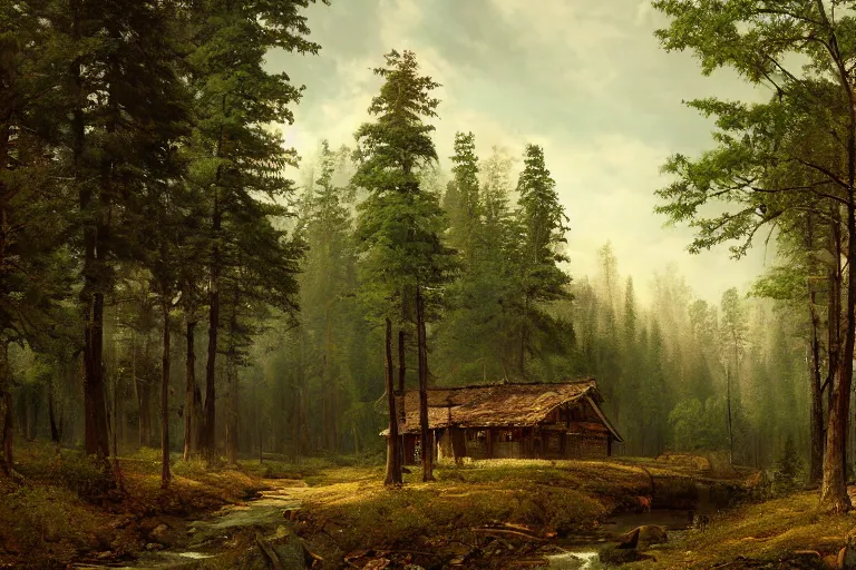 Prompt: A beautiful painting of russian village in dark forest by ivan shishkin and arkhip kuindji, trending on artstation, matte painting
