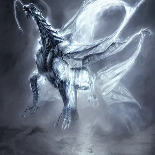 Image similar to a sketch of a humanoid glowing eyes white dragon, wearing a white wizard robe, by melmoth zdzislaw belsinki craig mullins yoji shinkawa, blue light, very realistic render, anime, paint smears digital art, realistic anime, dramatic lighting, blue light, dark blue highlights, d & d design, holding a sword made out of light