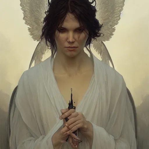 Image similar to portrait of the angel of death, detailed face, intricate, highly detailed, digital painting, artstation, concept art, sharp focus, illustration, art by greg rutkowski and alphonse mucha