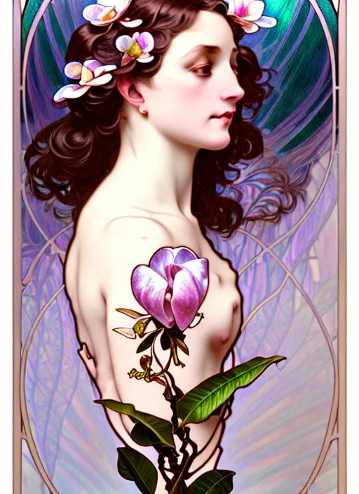 Image similar to magnolias, rococo and art nouveau fusion, iridescent diaphanous refractive and reflective flower bouquet, tarot card, highly detailed, deep focus, elegant, digital painting, smooth, sharp focus, illustration, ultra realistic, 8 k, art by artgerm and alphonse mucha