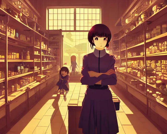 Image similar to anime visual, portrait of a young female traveler in a alchemist's shop interior, low light, cute face by ilya kuvshinov, yoh yoshinari, katsura masakazu, studio lighting, dynamic pose, dynamic perspective, strong silhouette, anime cels, cel shaded, flat shading, crisp and sharp, rounded eyes, moody