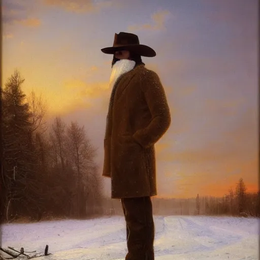 Prompt: portrait of Orville Peck in a snowy landscape at sunset, by Mark Maggiori, by Alfred Bierstadt, by Tom of Finland, golden hour, epic, hyperrealistic, trending on artstation