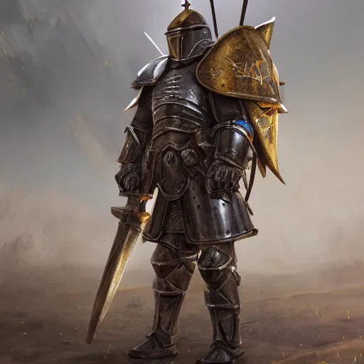 Image similar to a knight of heaven wearing heavy armor on a battlefield, au naturel, hyper detailed, digital art, trending in artstation, cinematic lighting, studio quality, smooth render, unreal engine 5 rendered, octane rendered, art style by klimt and nixeu and ian sprigger and wlop and krenz cushart