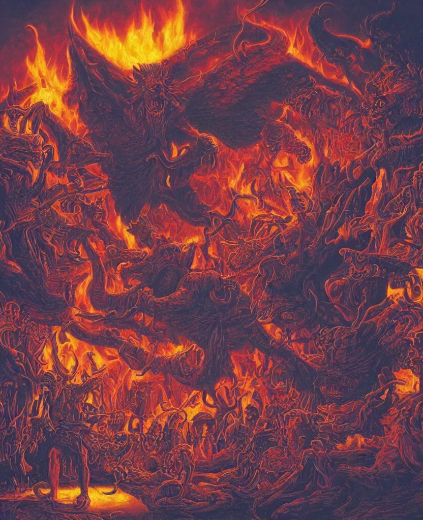 Prompt: a matte painting of the devil smoking coleslaw, hellfire color scheme, by, greg hildebrandt, lsd trippy 8 k highly detailed ❤🔥 🔥 💀 🤖 🚀