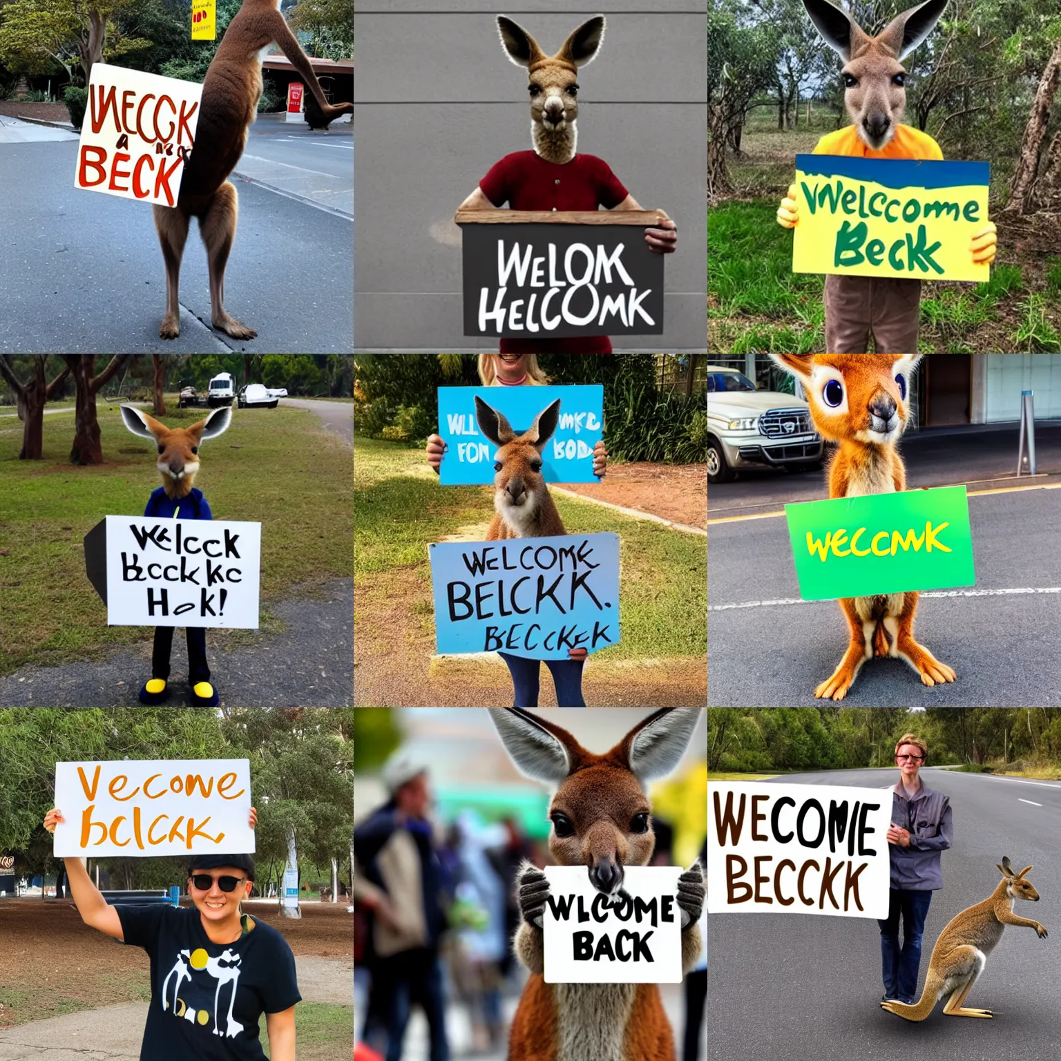 Prompt: a kangaroo holding a sign that says [ welcome back ]