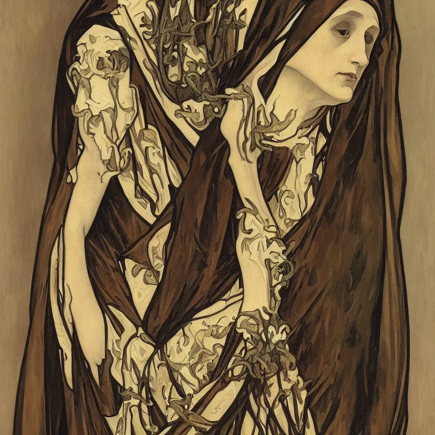 Image similar to a Masterpieces portrait of a skeleton nun in the style of Alphonse Mucha,Realistic style,oil on canvas