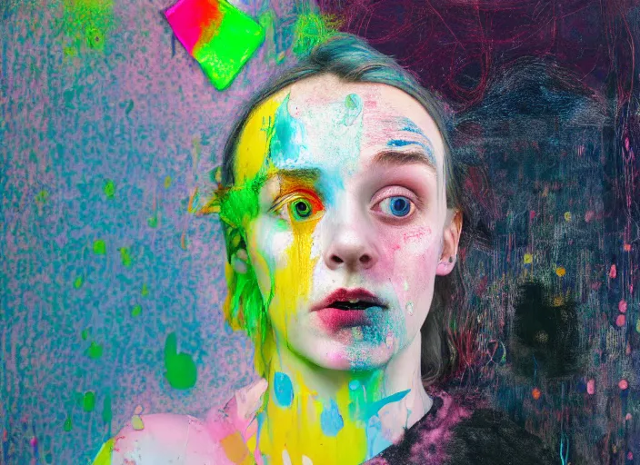 Prompt: nervous young girl jester focusing by beeple and hernan bas and francis bacon and pat steir and hilma af klint, psychological, photorealistic, symmetrical face, dripping paint, washy brush, rendered in octane, altermodern, masterpiece